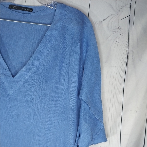 Zara Basic 100% Linen Blue V-Neck Dress Size S - Picture 2 of 12